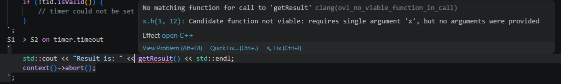 C++ code snippet diagnostics